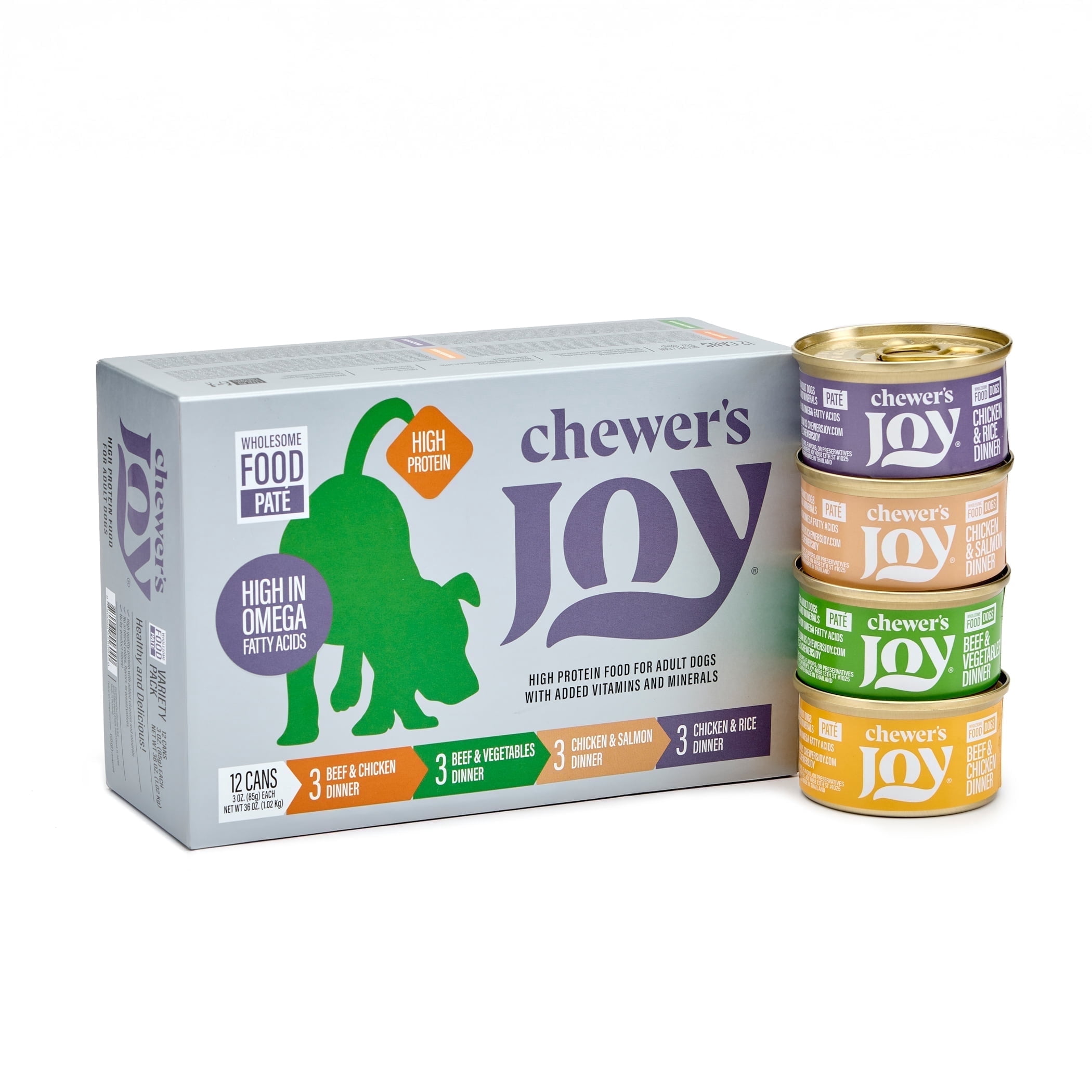 Chewer's Joy Natural Wet Dog Food Variety Pack, Paté Dinner, High Protein, Beef, Chicken, Salmon, Rice, 12 Cans (85g Each)