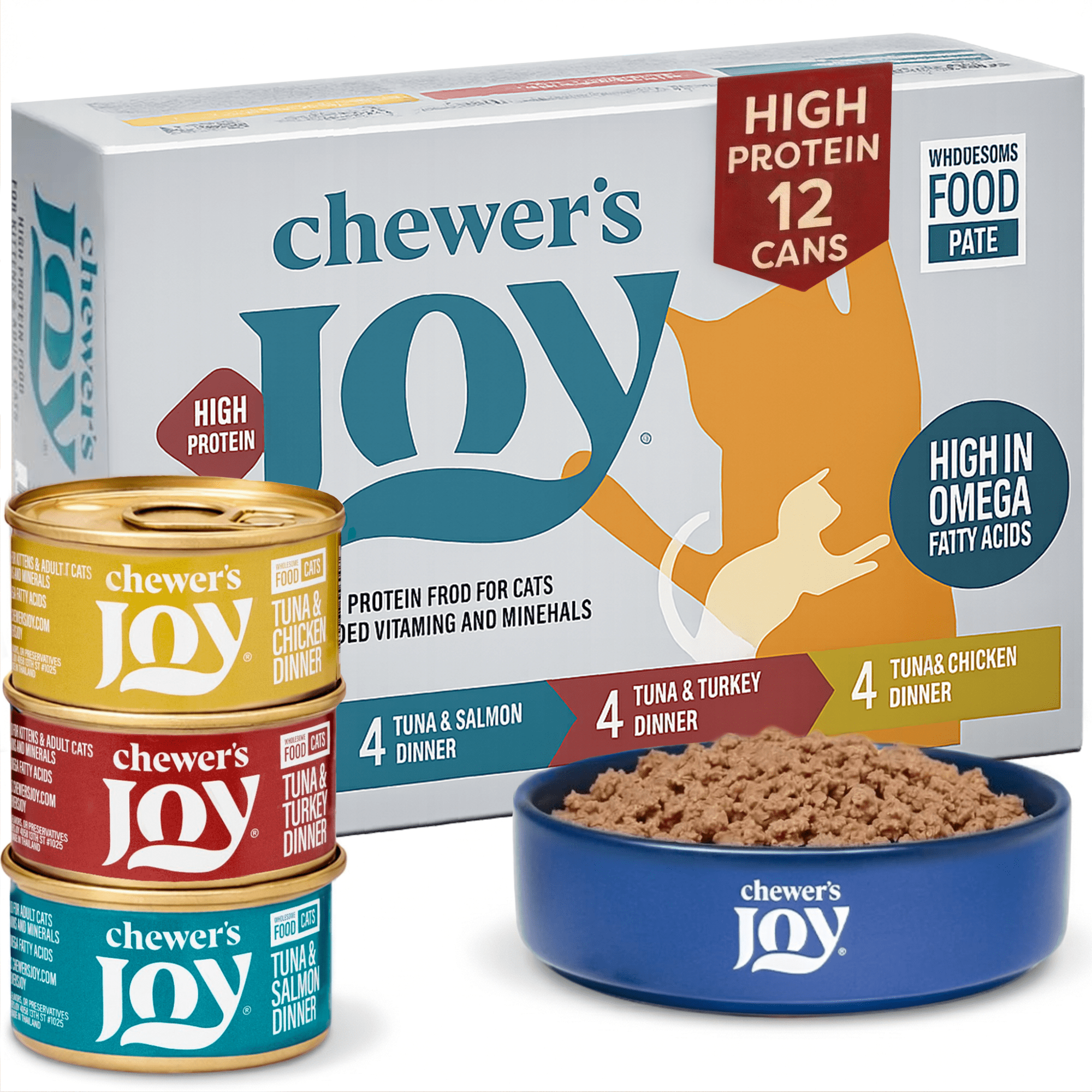 Chewer's Joy Tuna & Salmon, Tuna & Turkey, Tuna & Chicken Wet Cat Food Variety Pack, High Protein, 12 Cans (85g)