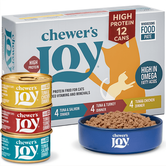 Chewer's Joy Tuna & Salmon, Tuna & Turkey, Tuna & Chicken Wet Cat Food Variety Pack, High Protein, 12 Cans (85g)