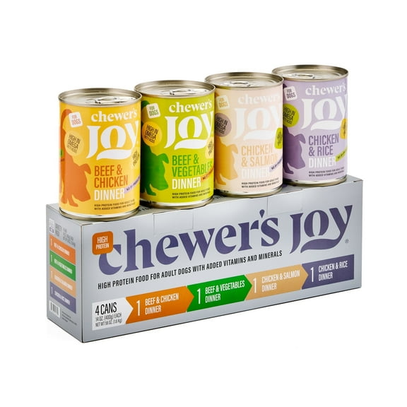 Chewer's Joy Variety Pack Paté Dinner for Dogs (4 Cans, 400g) – Beef & Chicken, Beef & Vegetables, Chicken & Salmon, Chicken & Rice – Natural Wet Dog Food, Complete & Balanced
