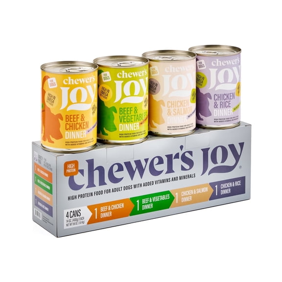 Chewer's Joy Variety Pack Paté Dinner for Dogs (4 Cans, 400g) – Beef & Chicken, Beef & Vegetables, Chicken & Salmon, Chicken & Rice – Natural Wet Dog Food, Complete & Balanced