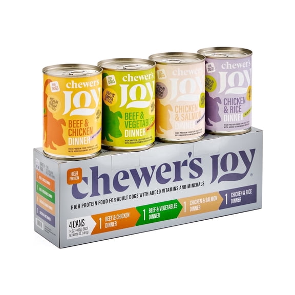 Chewer's Joy Natural Wet Dog Food Variety Pack, Complete & Balanced, Beef, Chicken, Salmon, Rice, 4 Cans (400g)