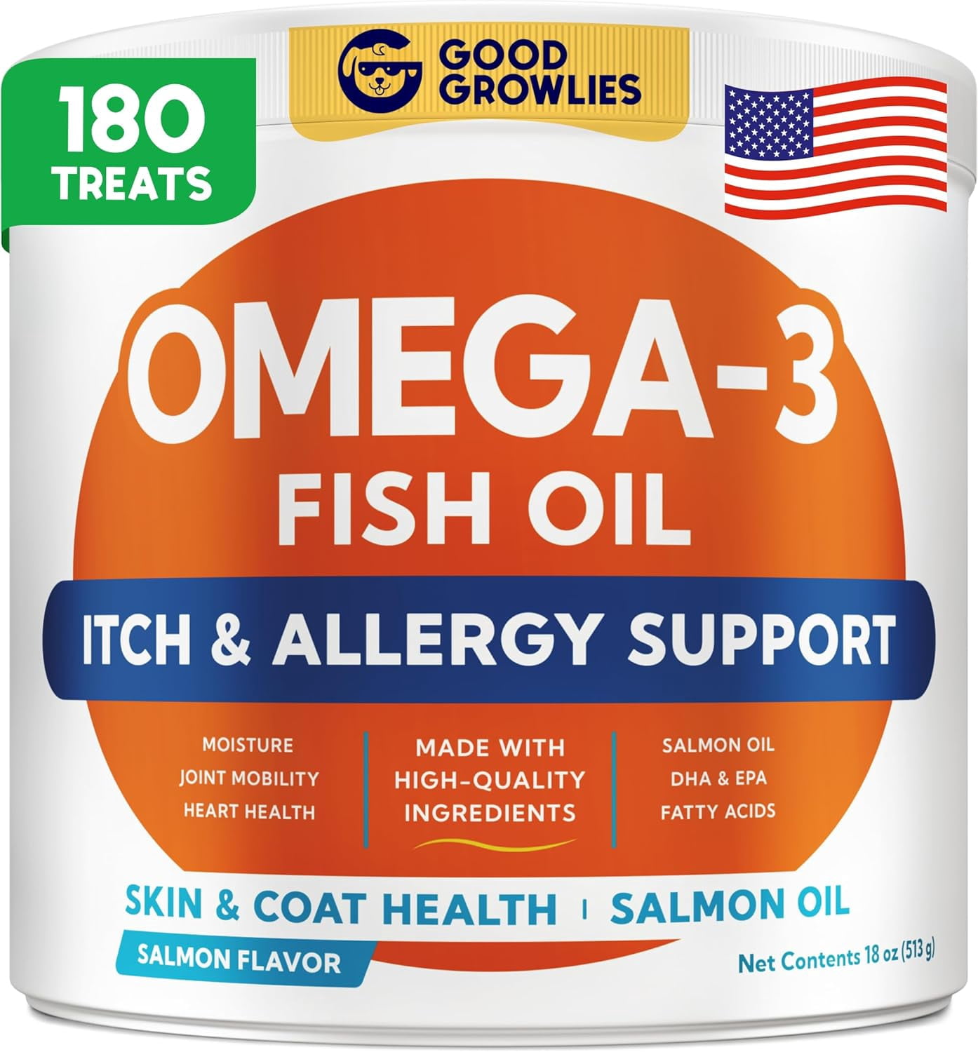 Chews with Salmon Oil for Dogs (180 Ct), Omega 3 & Fish Oil for Dogs - Dog Allergy Relief & Itchy Skin Relief - Hip & Joint Support - Shiny Coats - EPA & DHA Fatty Acids - Promotes Heart, Brain