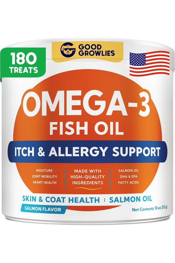 Chews with Salmon Oil for Dogs (180 Ct), Omega 3 & Fish Oil for Dogs - Dog Allergy Relief & Itchy Skin Relief - Hip & Joint Support - Shiny Coats - EPA & DHA Fatty Acids - Promotes Heart, Brain