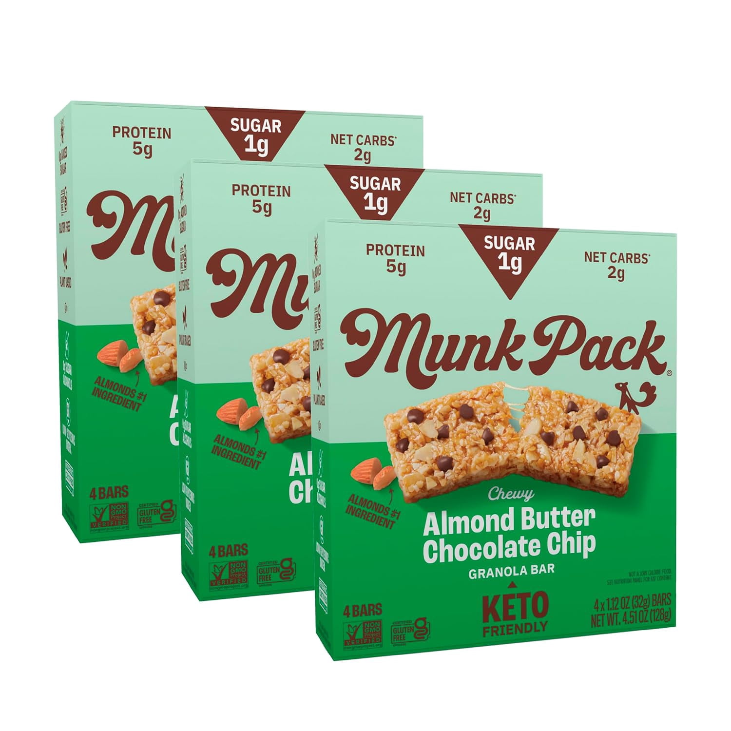 Chewy Almond Bar, Almond Butter Chocolate Chip - 1g Sugar, 5g Protein, Low Carb & Keto - Gluten Free, Grain Free, Plant Based - Zero Added Sugar Breakfast & Snack Bars, 12 Count