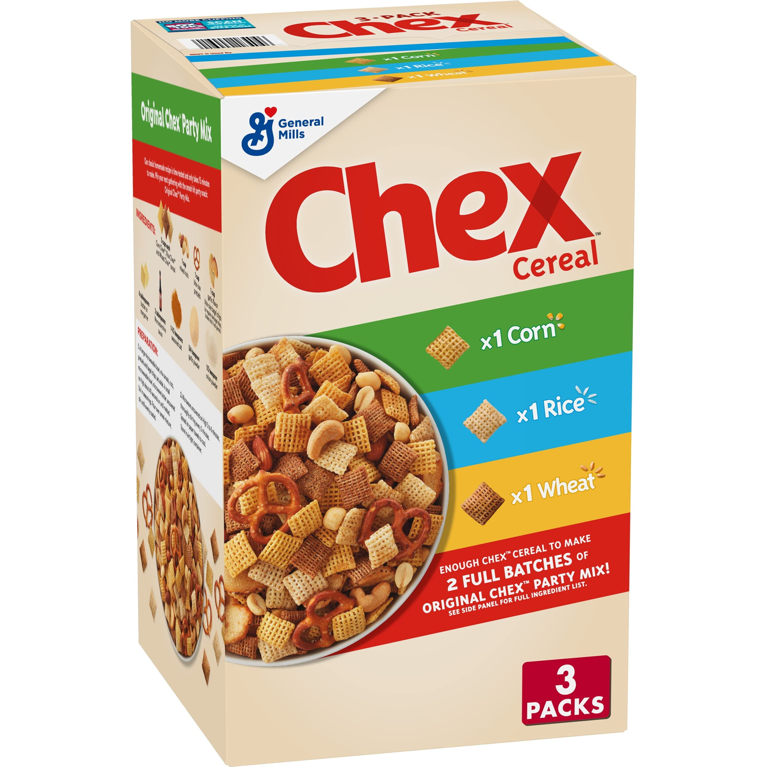 Chex Cereal Party Mix Variety Pack, Corn, Rice And Wheat Chex, 36.5 Oz, 3Ct