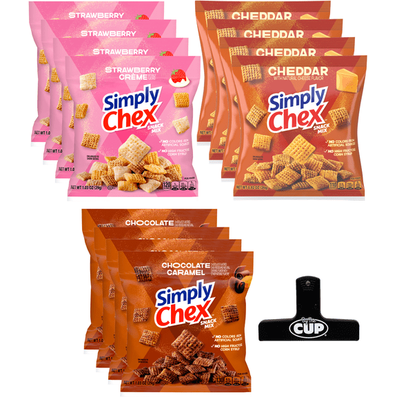 Simply Chex Mix Brand Snack Pack 12 Count 3 Flavor Variety - 4 of Each Flavor with By The Cup Bag Clip