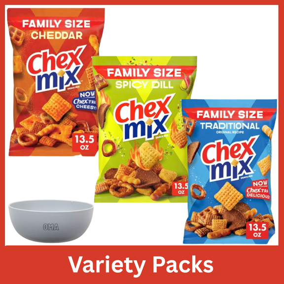 Chex Mix Cheddar Savory Snack Mix 13.5 oz & Spicy Dill Savory Snack Mix 13.5 oz & Traditional Savory Snack Mix 13.5 oz Variety Pack Bundle with Free Bowl by OMA