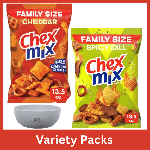Chex Mix Cheddar Savory Snack Mix Family Size 13.5 oz & Chex Mix Spicy Dill Savory Snack Mix Family Size 13.5 oz Variety Pack Bundle with Free Bowl by OMA