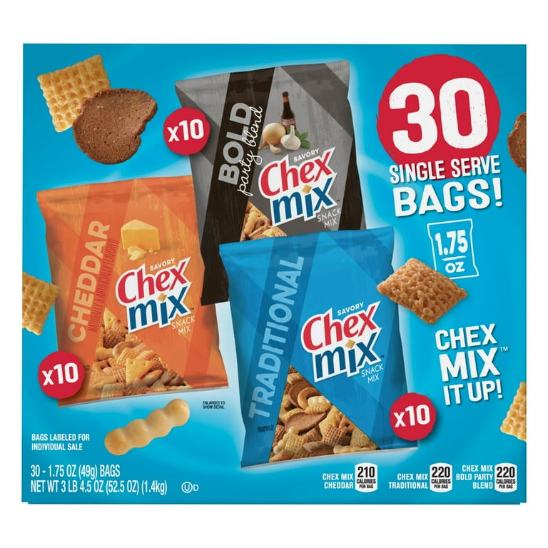 Chex Mix Classics Snack Mix, 30 Count, Low Fat, Flavorful Shapes