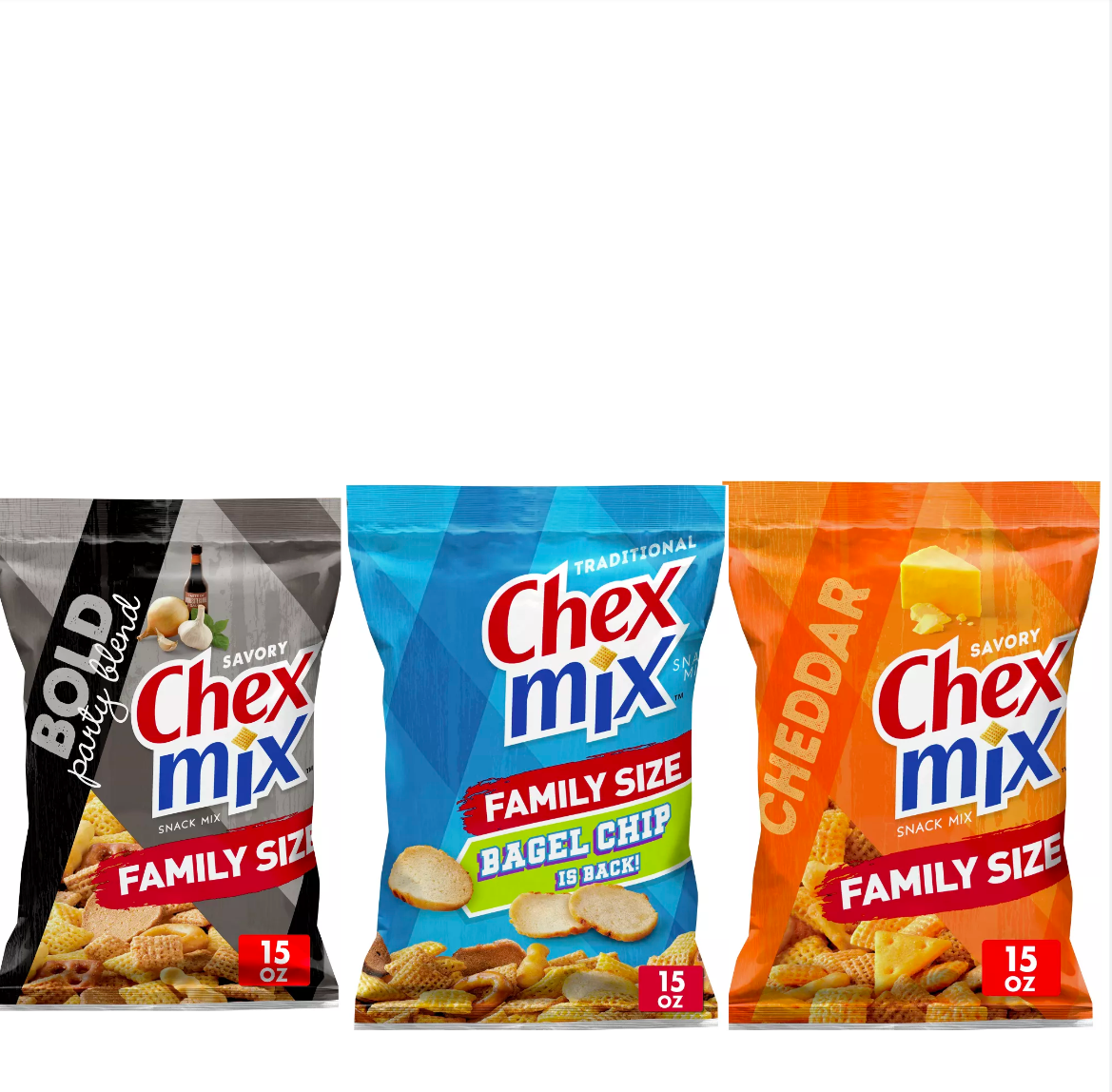 Chex Mix FamilySize Variety Pack Traditional, Cheddar, and Bold Party Mix 15oz of Flavorful