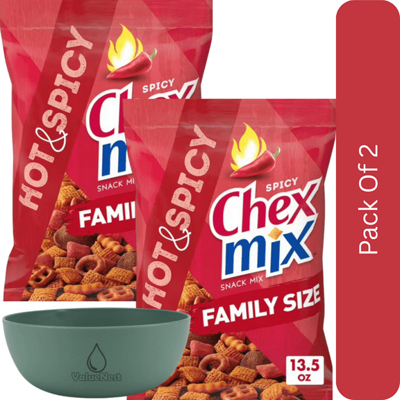 Chex Mix Hot & Spicy Savory Snack Mix, Family Size, 13.5 oz-2pk, With Olive Green Bowl By ValueNest