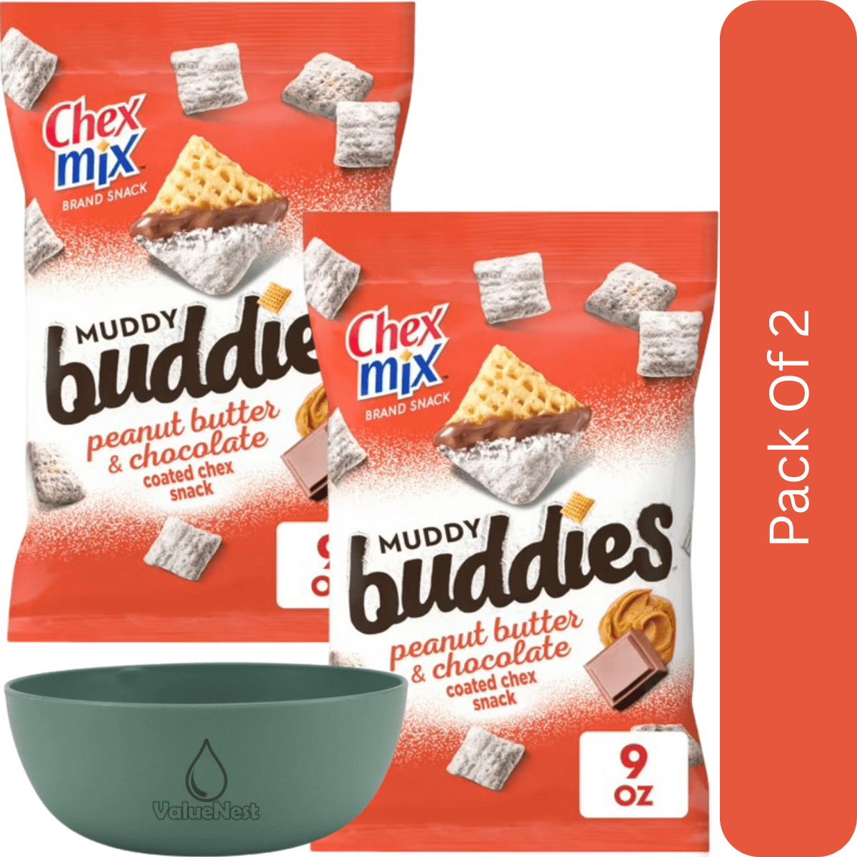 Chex Mix Muddy Buddies Peanut Butter & Chocolate Snack Mix, 9 oz-2pk, With Olive Green Bowl By ValueNest