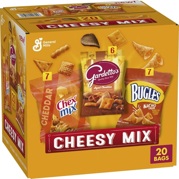 Chex TMH1Mix Savory Cheddar Cheese, Bugles Nacho Cheese, Gardetto's Aged Cheddar Cheesy Mix Snack Mix 20 Count