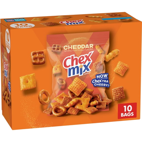 Chex Mix Cheddar Snack Mix, Single Serve Snack Bags, Multipack, 10 Count, 17.5 oz