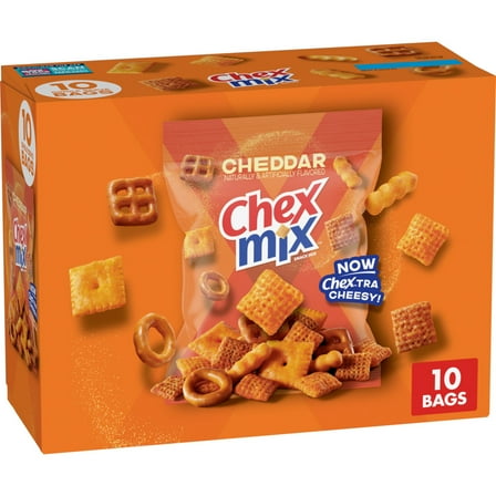 Chex Mix Cheddar Snack Mix, Single Serve Snack Bags, Multipack, 10 Count, 17.5 oz