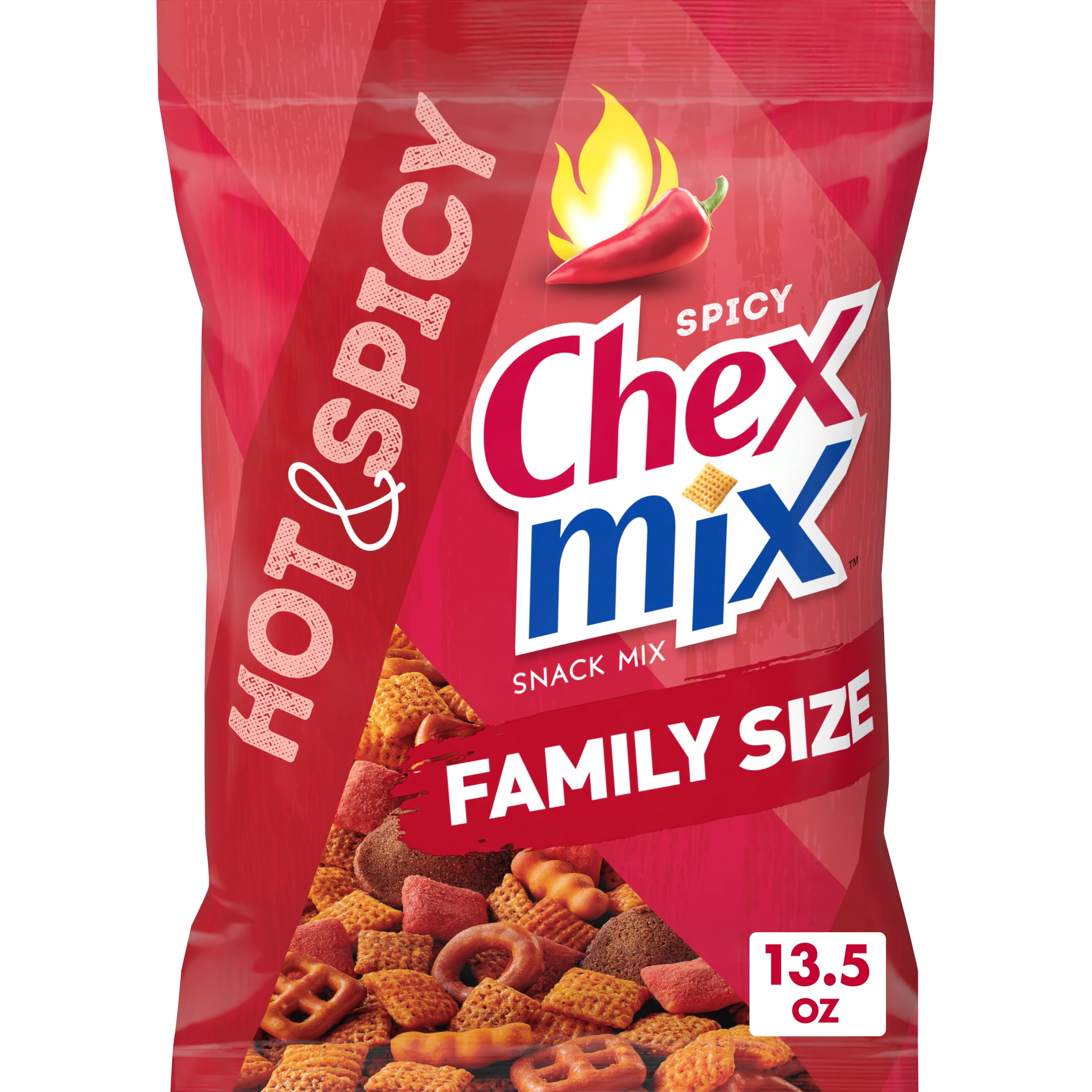 Chex Mix Hot and Spicy Savory Snack Mix, Family Size Snack Bag, 13.5 oz