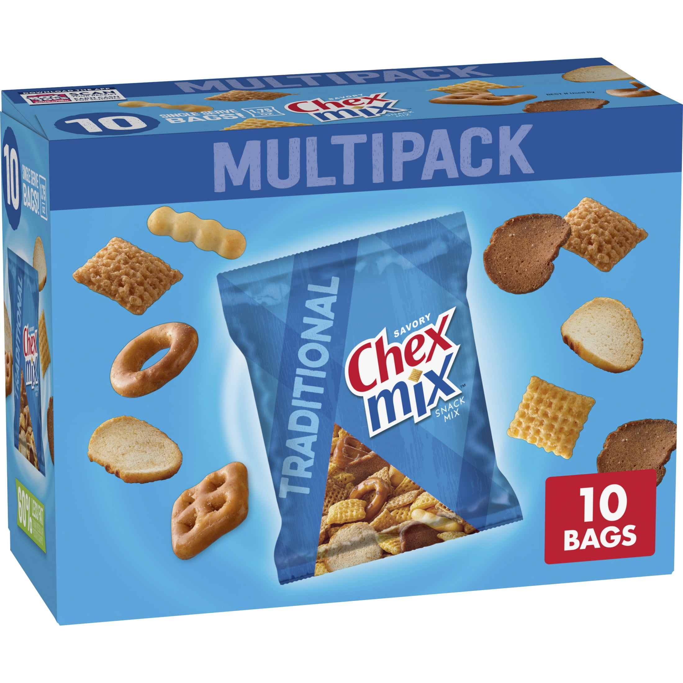 Chex Mix Traditional Snack Party Mix, Single Serve Snack Bags, Multipack, 17.5 oz, 10 Ct.