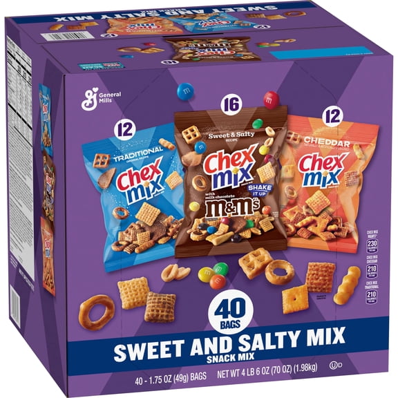 Chex Mix Traditional, Cheddar and M&M Sweet & Salty Mix Variety Pack, 1.75 oz., 40 pk.