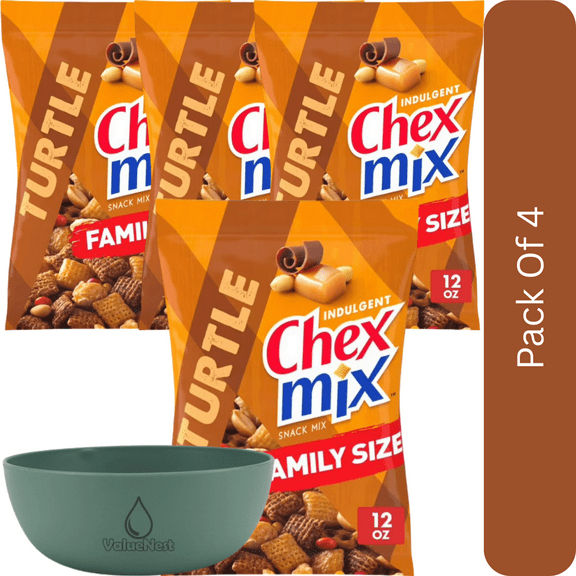 Chex Mix Turtle Snack Mix, Family Size, 13.5 oz-4pk, With Olive Green Bowl By ValueNest
