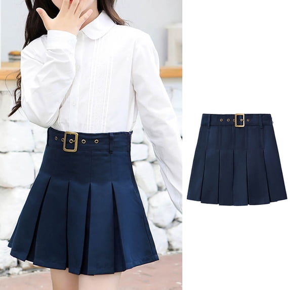 Cheytotty Girls' School Uniform Skirt, Solid Color Elastic Waist Pleated Short For Students, Durable Comfortable Navy 14-15 Years