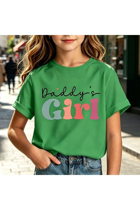 Irls Letter Print Tee, Daddy'S Girl Graphic, Summer Short Sleeve Army Green 7 Years