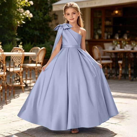 Cheytotty Kids Party Dress, Bow Sleeveless Summer, Solid Color Fashion Gray 7 Years