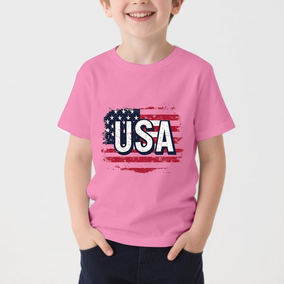 Cheytotty Kids Patriotic Tee, Independence Day Print, Round Neck Short Sleeve Pink 5 Years