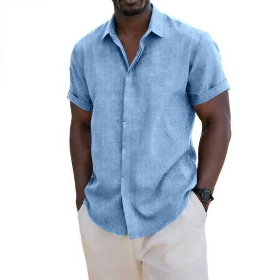 Cheytotty Mens Linen Blouse Button Down Short Sleeve Dress Shirt Solid Color Turndown Tee Vacation Light Blue L