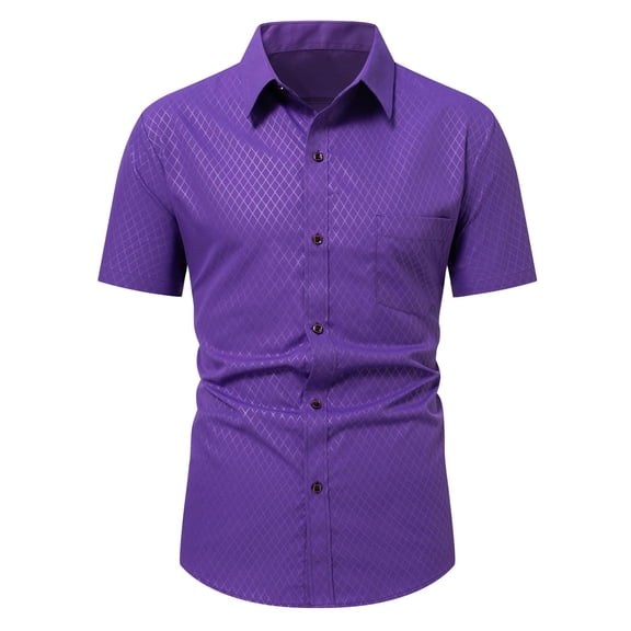 Cheytotty Mens Short Sleeve Dress Shirts Casual Button Down Blouse Wrinkle Waist Tees With Pocket Purple L