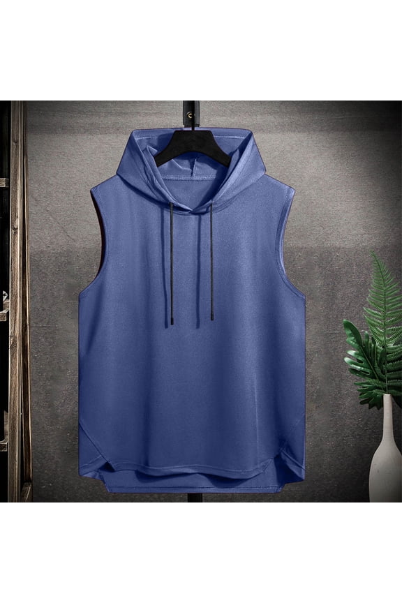 Mens Sleeveless Hooded Tank, Solid Color Casual Sports, Workout Gym Training Blue M