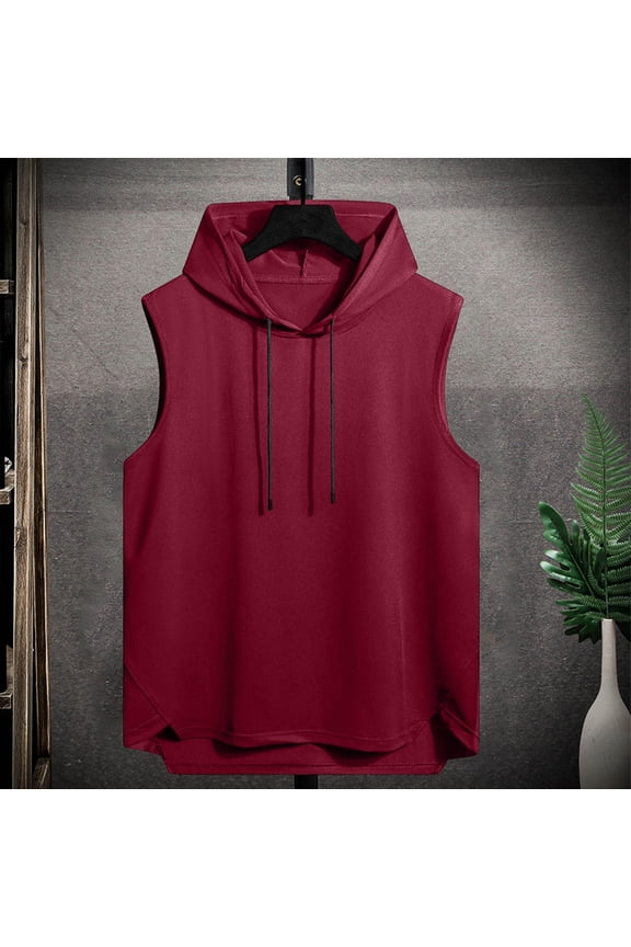 Mens Sleeveless Hooded Tank, Solid Color Casual Sports, Workout Gym Training Wine M