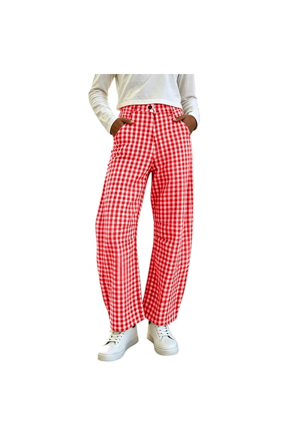 Plaid Barrel Pants Women, Summer Elastic Waist Curved Trousers Red 2XL