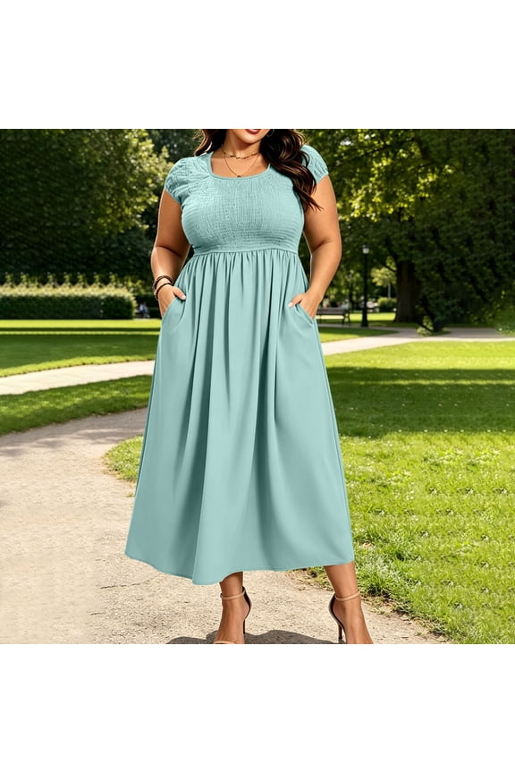 Plus Size Maxi Dress, Solid Neck Smocked Bodice, Flowy Short Sleeve Casual With Pockets Blue 4XL