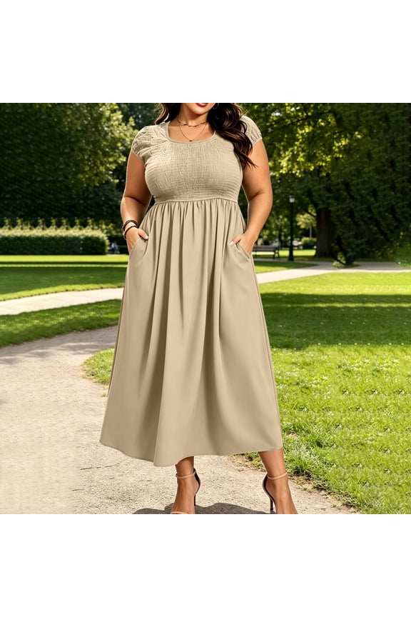 Plus Size Maxi Dress, Solid Neck Smocked Bodice, Flowy Short Sleeve Casual With Pockets Khaki 2XL