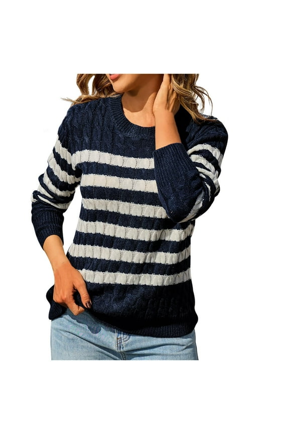 Sweaters For Womens Crew Neck Striped Color Block Cable Knit Pullover Sweater Slim Fit Tops Navy L
