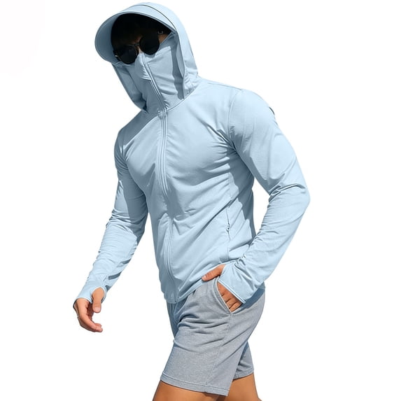 Cheytotty UV Sun Protective Jacket for Mens Full Coverage Hooded Quick Dry Outdoor Sun Shirt(Light Blue/L)
