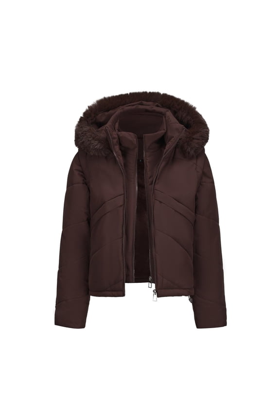 Winter Coat For Women Cropped Padded Thicken Quilted Puffer Jacket Zipper Up Warm Parka With Detachable Faux Fur Hood Brown S
