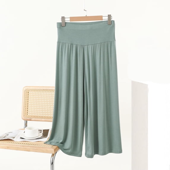 Cheytotty Womens Capris Pants, Solid Color Elastic Waist, Straight Leg Casual Green M