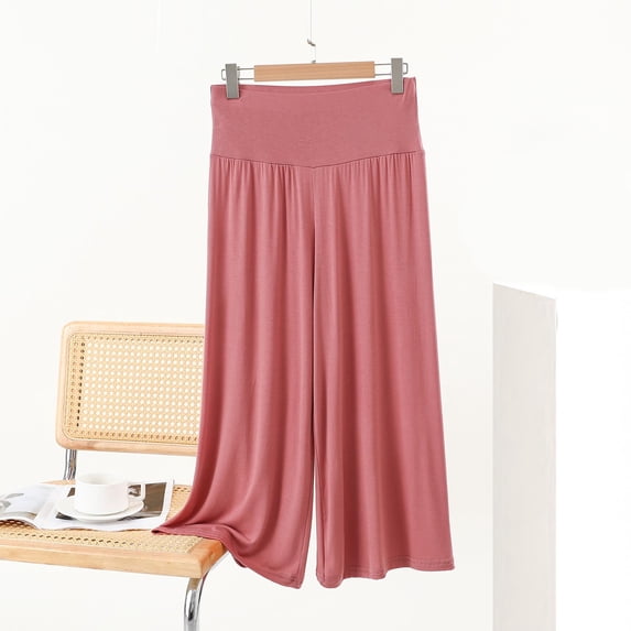 Cheytotty Womens Capris Pants, Solid Color Elastic Waist, Straight Leg Casual Watermelon Red XL