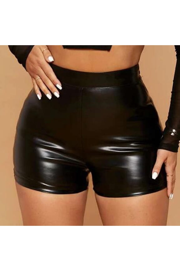 Womens Faux Leather Shorts, High Waist Tight Leggings, Club Basic Black 2XL
