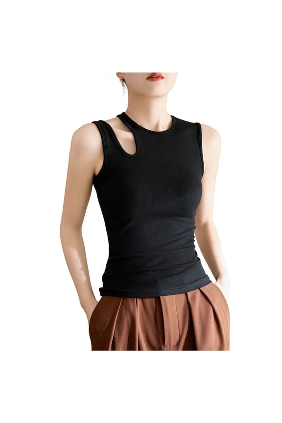 Womens Hollow Out Tank, Off Shoulder Slim Fit, High Elastic Threaded Black 2XL