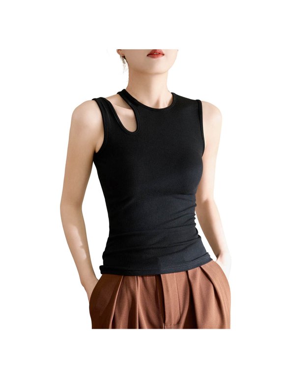 Womens Hollow Out Tank, Off Shoulder Slim Fit, High Elastic Threaded Black S