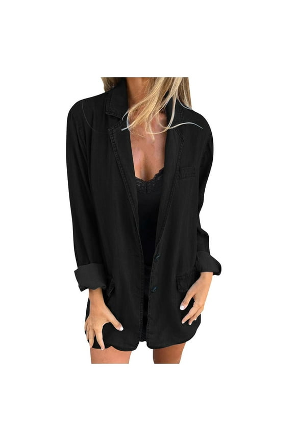 Womens Jean Denim Jacket Classic Shacket Button Down Shirts Fall Trends Lightweight Loose Coats With Pockets Black M