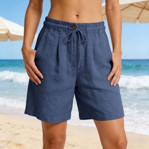 Cheytotty Womens Linen A Line Shorts, Summer Wide Leg High Waisted For Plus Size, Loose Casual Navy 3XL