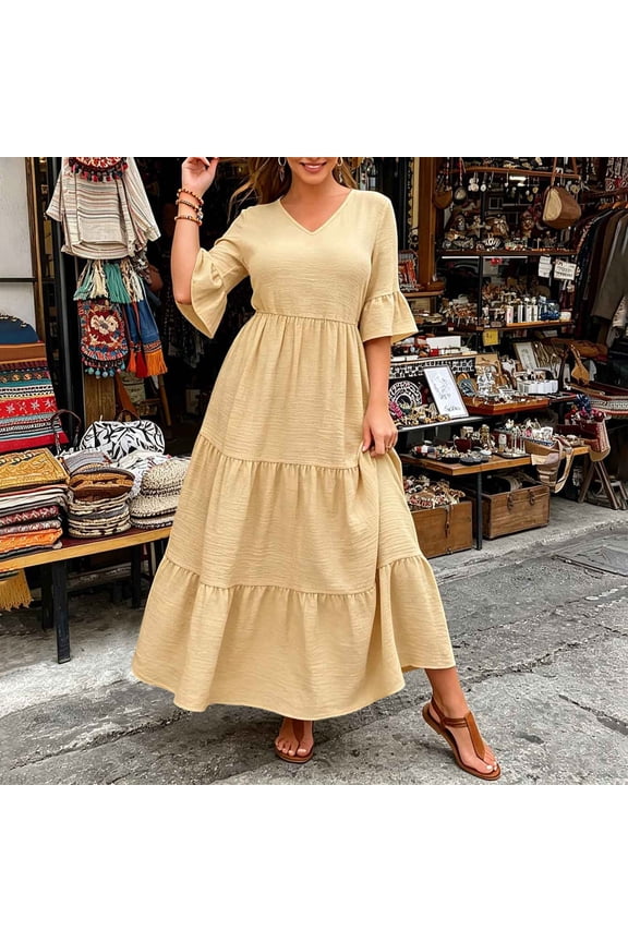 Womens Tiered Midi Dress, V Neck Loose Flowy With Pockets, Plus Size Summer Beach Beige 2XL