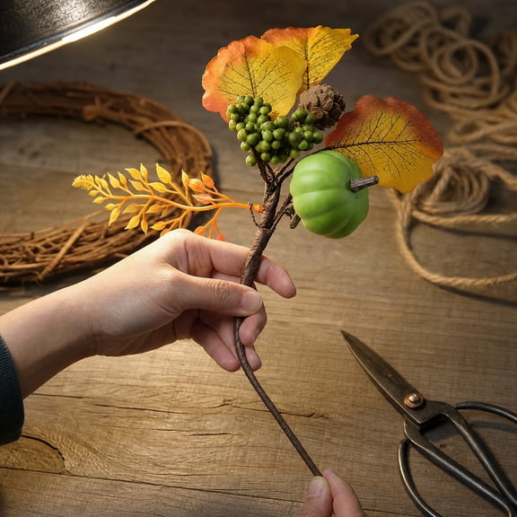 Cheyubny Green Artificial Pumpkin Plant Decor, 9.8-Inch Durable Plastic Fall Leaves Decor with Mini Pumpkin, Elegant Thanksgiving Table Decorations for Farmhouse Vase