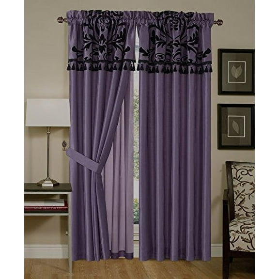 Chezmoi Black Rod Pocket Flowers Sheer Faux Silk Window Curtain Set, 54” x 84” (4 Panels)