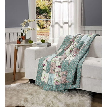 Chezmoi Collection Abbi 1-Piece Garden Floral Multicolor Blue Shabby Chic Throw Pre-Washed Cotton Ruffle Trim Patchwork Throw Blanket
