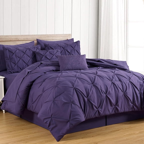 Chezmoi Collection 10-Piece Bed in a Bag Comforter Set, Pintuck Design, All Season Soft Microfiber Bedding with Sheets, Pillow Shams & Decorative Pillow, Dark Purple, California King